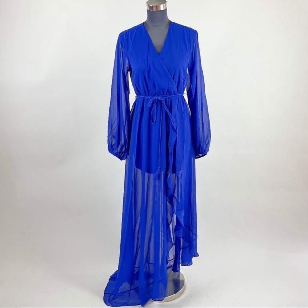 Royal Blue Chiffon Maxi Wrap Asymmetrical Dress